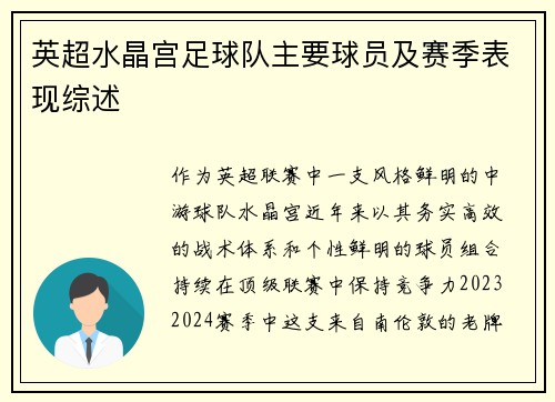 英超水晶宫足球队主要球员及赛季表现综述
